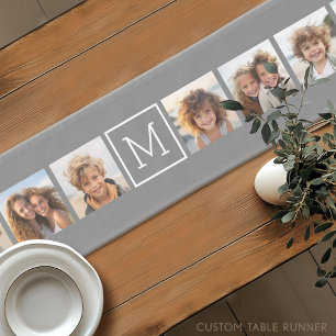 Charcoal White 8 Photo Collage Custom Monogram Short Table Runner
