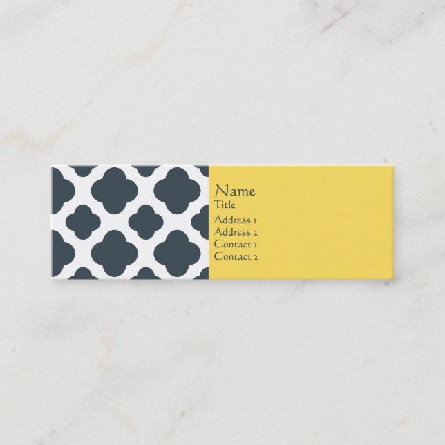 Charcoal, White and Yellow Quatrefoil Pattern Mini Business Card (Front)