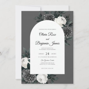 Charcoal White Dahlia Wedding Invitation