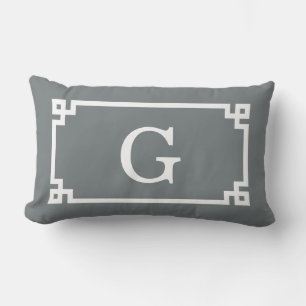 Charcoal White Greek Key Frame #2 Initial Monogram Lumbar Cushion