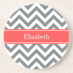Charcoal White LG Chevron Coral Red Name Monogram Coaster