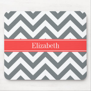 Charcoal White LG Chevron Coral Red Name Monogram Mouse Pad