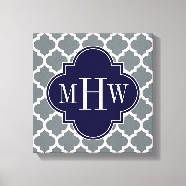Charcoal White Moroccan #5 Navy 3 Initial Monogram Canvas Print (Front)