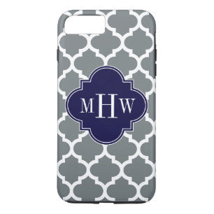 Charcoal White Moroccan #5 Navy 3 Initial Monogram iPhone 8 Plus/7 Plus Case