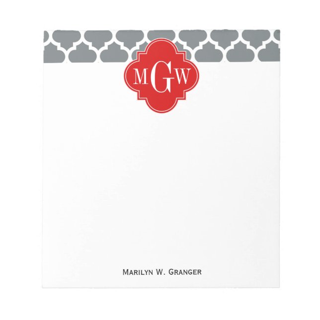 Charcoal, White Moroccan #5 Red 3 Initial Monogram Notepad (Front)
