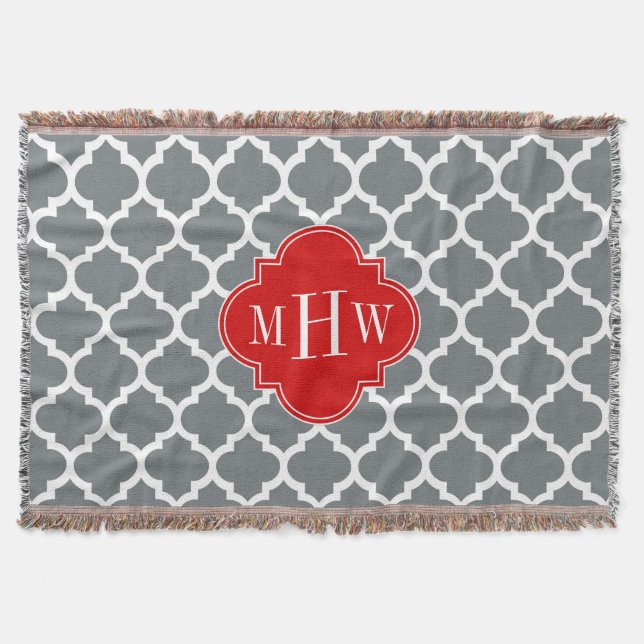 Charcoal, White Moroccan #5 Red 3 Initial Monogram Throw Blanket (Front)