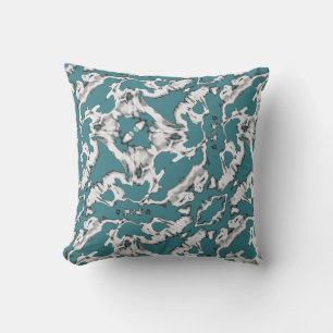Charcoal White on Teal Blue Ornate Diagonal Motif Cushion