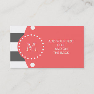 Charcoal White Stripes Pattern, Coral Monogram Business Card