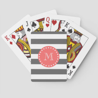 Charcoal White Stripes Pattern, Coral Monogram Playing Cards