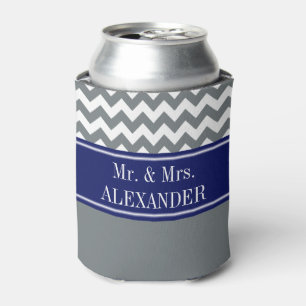Charcoal Wht Chevron CB Navy Name Monogram Can Cooler