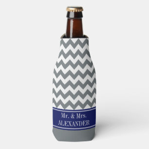 Charcoal Wht Chevron CB Navy Name Monogram Wedding Bottle Cooler