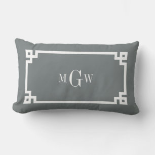 Charcoal Wht Greek Key #2 Framed 3 Init Monogram Lumbar Cushion