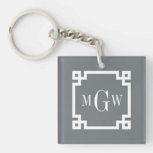 Charcoal Wht Greek Key #2 Framed 3 Init Monogram Ring