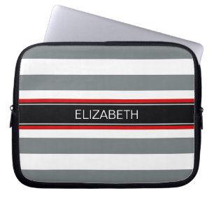 Charcoal Wht Horiz Stripe Black Red Name Monogram Laptop Sleeve
