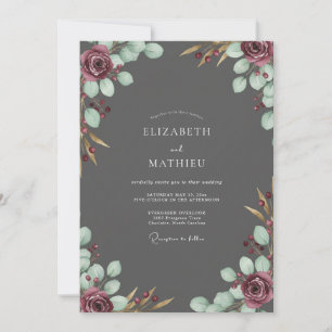 Charcoal Wine Petal Wedding Invitation