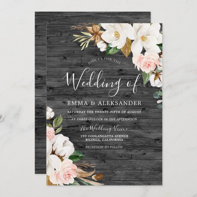 Charcoal Wood Blush & White Flowers Wedding Invitation (Front/Back)