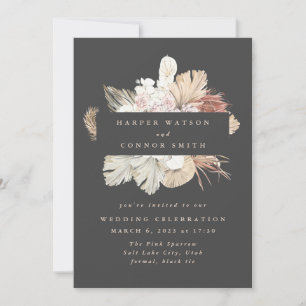 Charcoal Wreath Pampas Grass Floral Cream Wedding Invitation