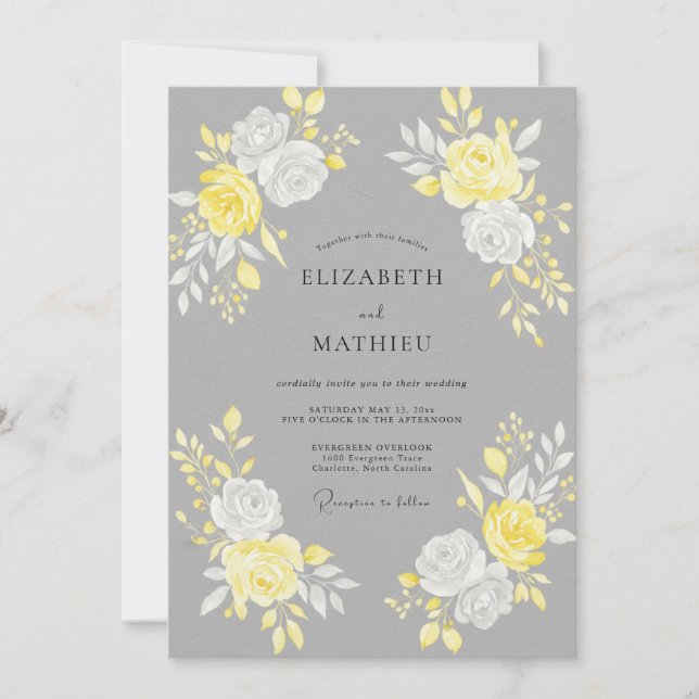 Charcoal Yellow Rose Wedding Invitation (Front)