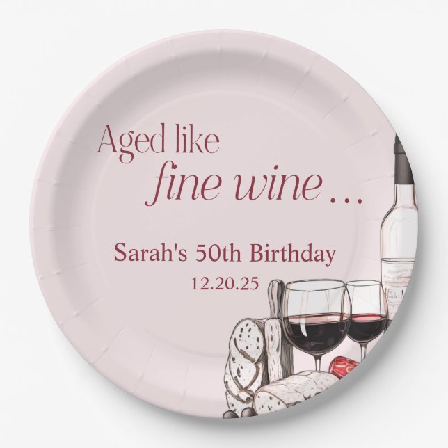 Charcuterie and Wine 50th Birthday Blush Paper Plate (Front)