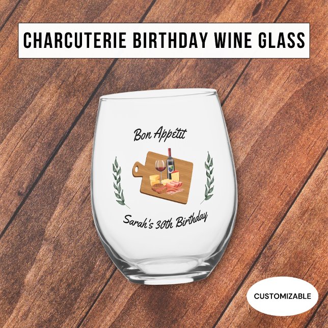 Charcuterie and Wine Picnic Birthday Souvenir Stemless Wine Glass (Creator Uploaded)
