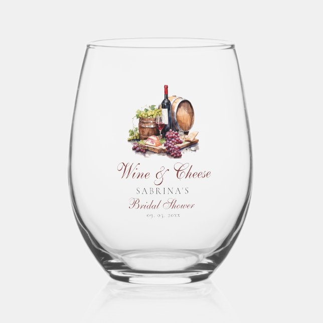 Charcuterie Board Wine & Cheese Bridal Shower Stemless Wine Glass (Front)