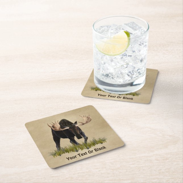 Charging Bull Moose On Old Paper Square Paper Coaster (Insitu)