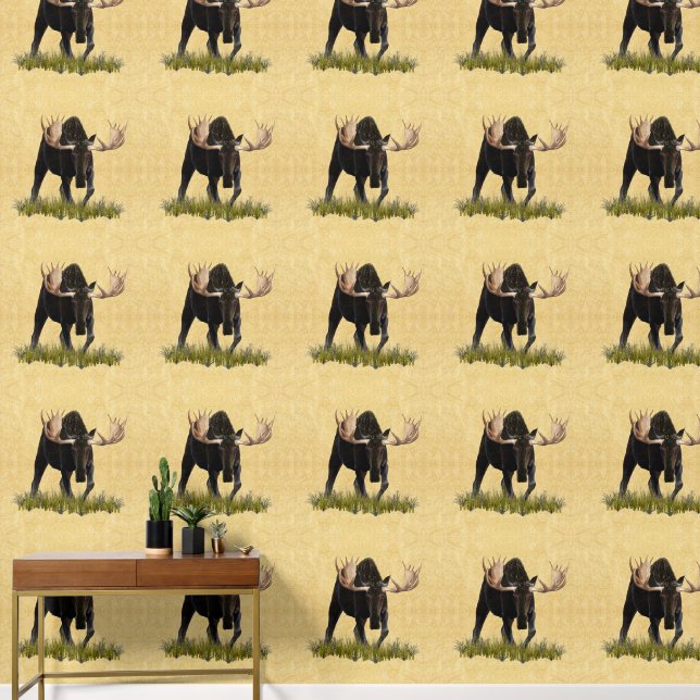 Charging Bull Moose On Old Paper Wallpaper (Hallway)