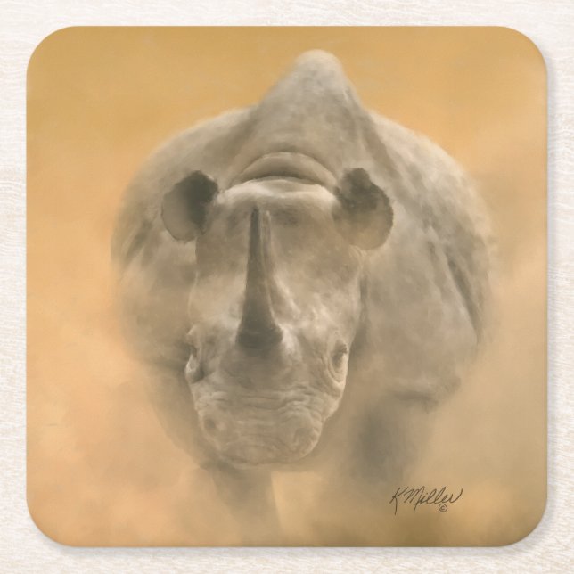 Charging Rhino – Pastels Square Paper Coaster (Front)