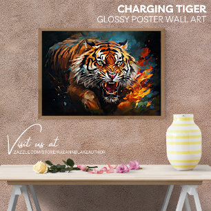 Charging Tiger Glossy Poster Wall Art