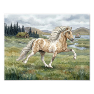 Charismatic Pinto Icelandic Mare watercolor Photo Print