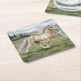 Charismatic Pinto Icelandic Mare watercolor Square Paper Coaster