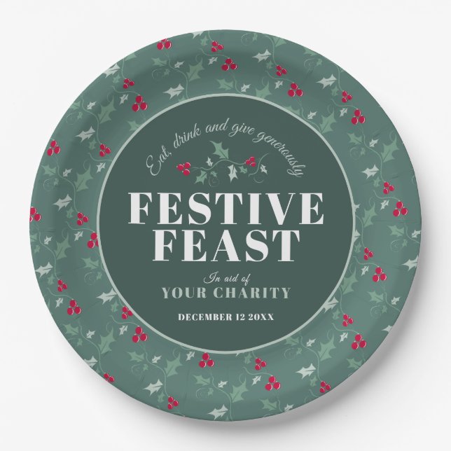 Charity Festive Feast green red Christmas dinner Paper Plate (Front)