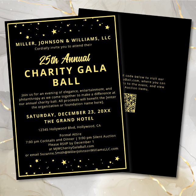 Charity Fundraiser Gala Event Elegant Black Gold I Invitation (Elegant Charity Fundraiser Ball Corporate Celebration Silent Auction in Black with Gold Stars.)