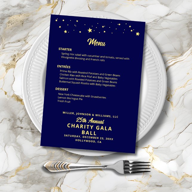 Charity Gala Ball Company Event Blue Gold Elegant Menu (Charity Gala Ball Company Event Menu in Navy Blue and Gold, Gold Stars, Menu Choices, Event Details.)