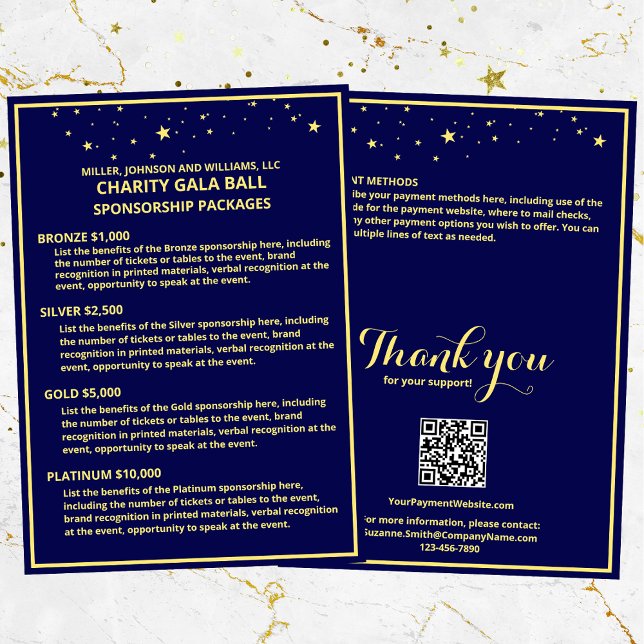 Charity Gala Ball Sponsorship Card Blue Gold Stars (Charity Gala Ball Sponsorship Packages, customize for your event, with a QR code for payments.)