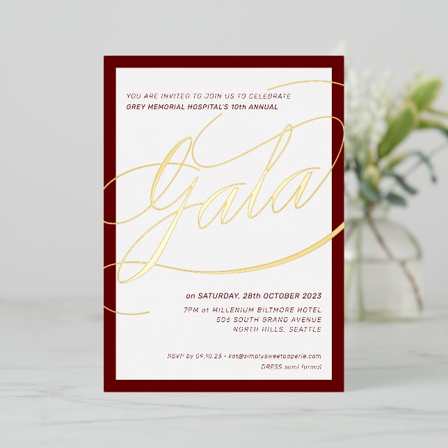 CHARITY GALA chic formal calligraphy maroon gold (Standing Front)