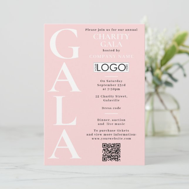 Charity Gala Fundraising Event QR Code Logo Pink Invitation (Standing Front)
