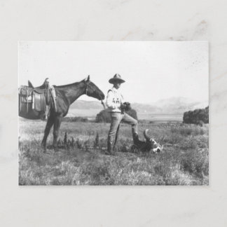 Charles Belden with horse and skull. Postcard