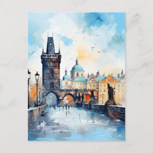 Charles Bridge Prague Sunset Watercolor Travel Postcard