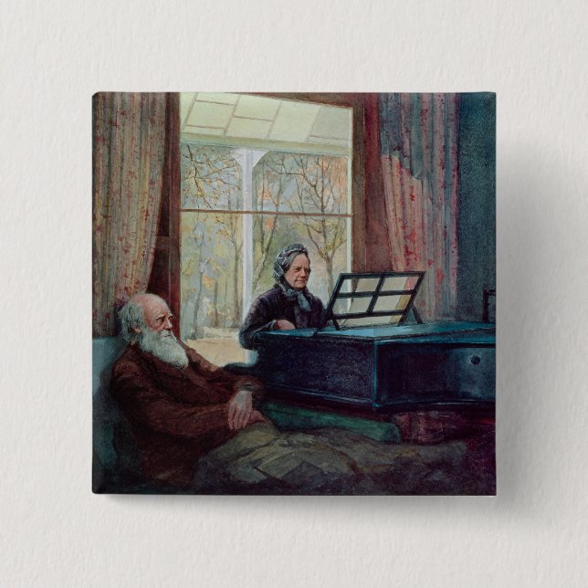 Charles Darwin and his wife at the Piano 15 Cm Square Badge (Front)