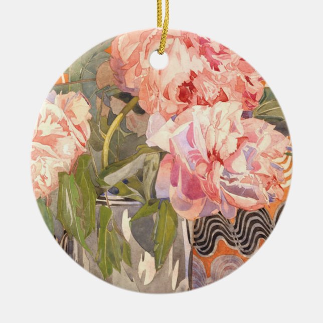 Charles Rennie Mackintosh - Peonies Ceramic Tree Decoration (Front)