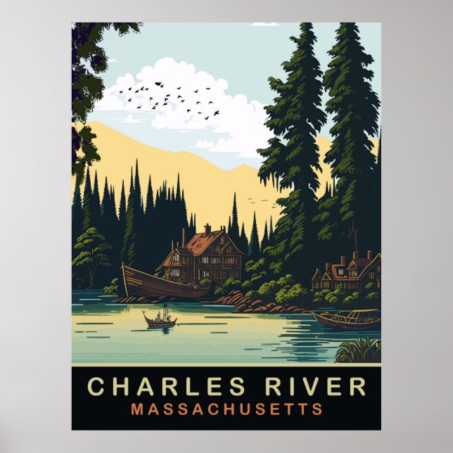 Charles River, MA, Vintage Travel Poster (Front)