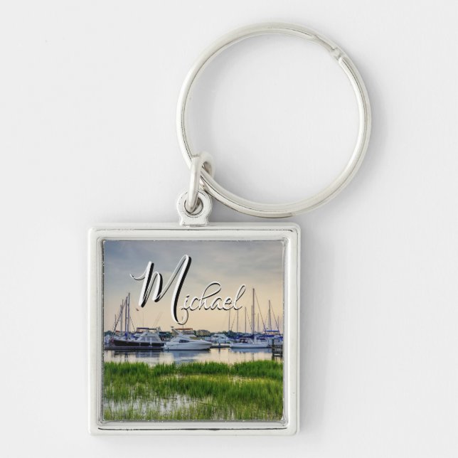 Charleston Harbour Boats Sunset Square Keychain (Front)