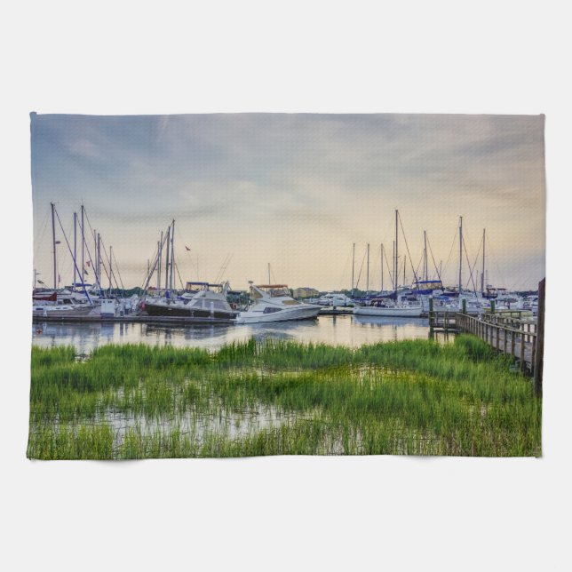 Charleston Harbour Boats Sunset Tea Towel (Horizontal)