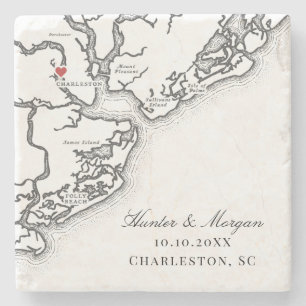 Charleston Map Elegant Black White Wedding Favour Stone Coaster