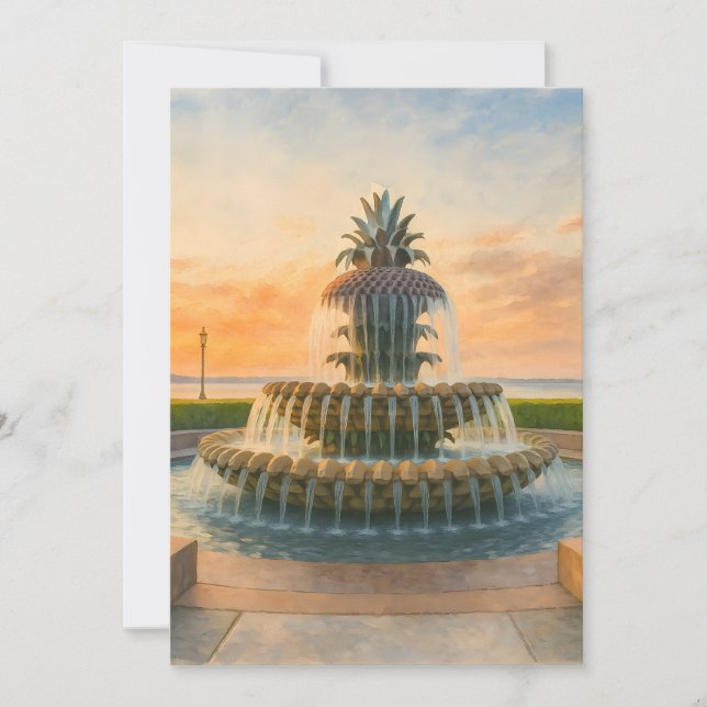 Charleston Pineapple Fountain Watercolor Sunset Holiday Card (Front)