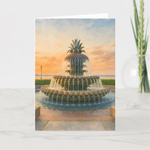 Charleston Pineapple Fountain Watercolor Sunset Holiday Card