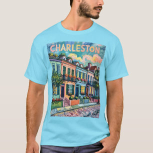 Charleston Rainbow Row SC Colourful Van Gogh Retro T-Shirt