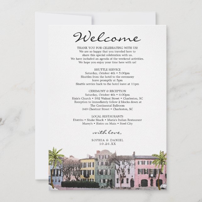 Charleston Rainbow Row SC Wedding Welcome Letter Invitation (Front)