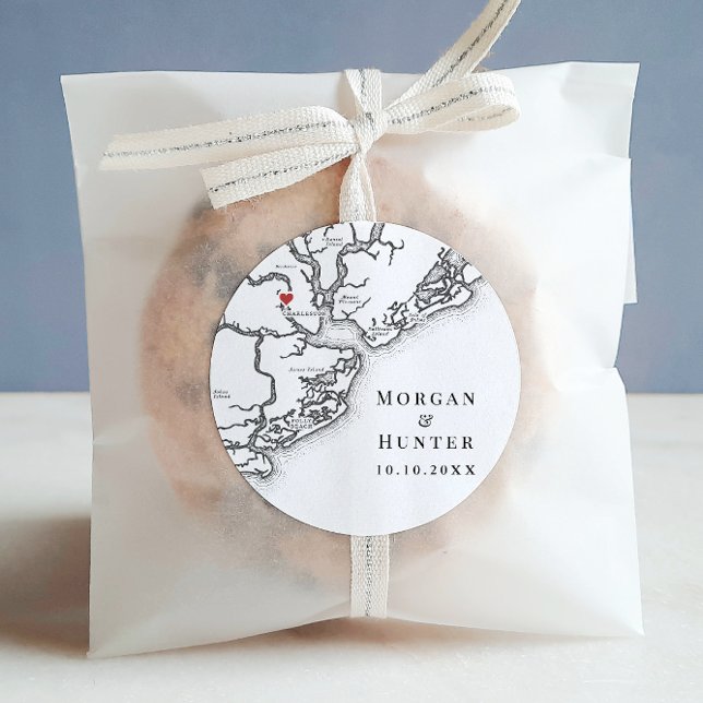 Charleston SC Elegant Black White Wedding Favour Classic Round Sticker (Charleston SC Wedding round sticker label in Elegant black and white from Coastal Map Designs)